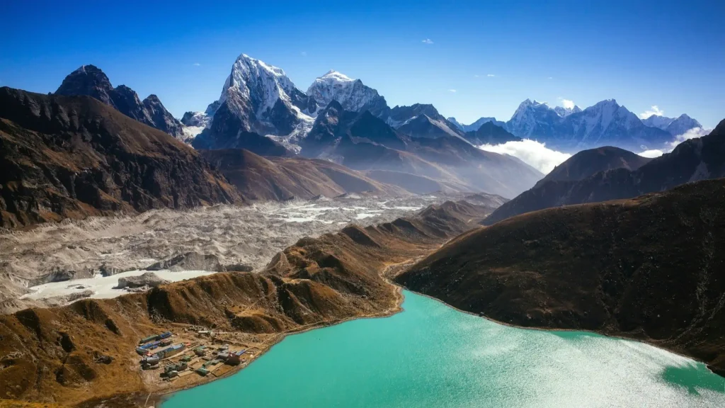 Gokyo village and turquoise lake along the Gokyo Lakes Trek in Nepal