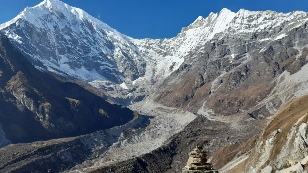 Langtang Lirung peak in the Nepal Himalayas under a clear blue sky