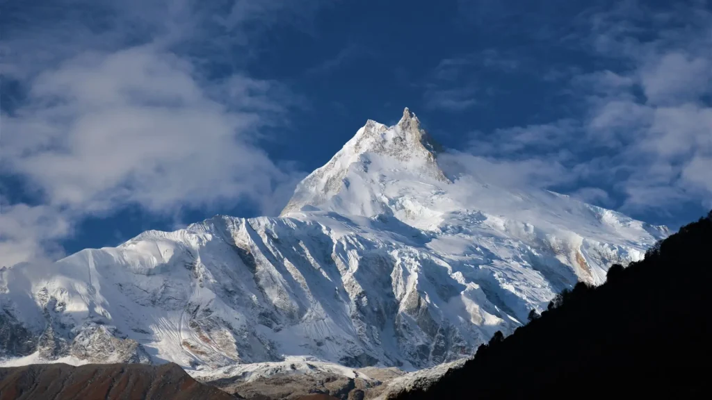 Majestic view of Mount Manaslu 8163m snow capped peak in the Himalayas Nepal