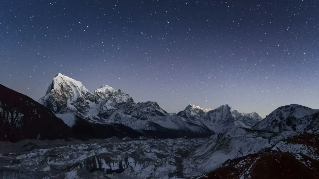 Ngozumpa Glacier and Himalayan mountains in Gokyo Valley Nepal