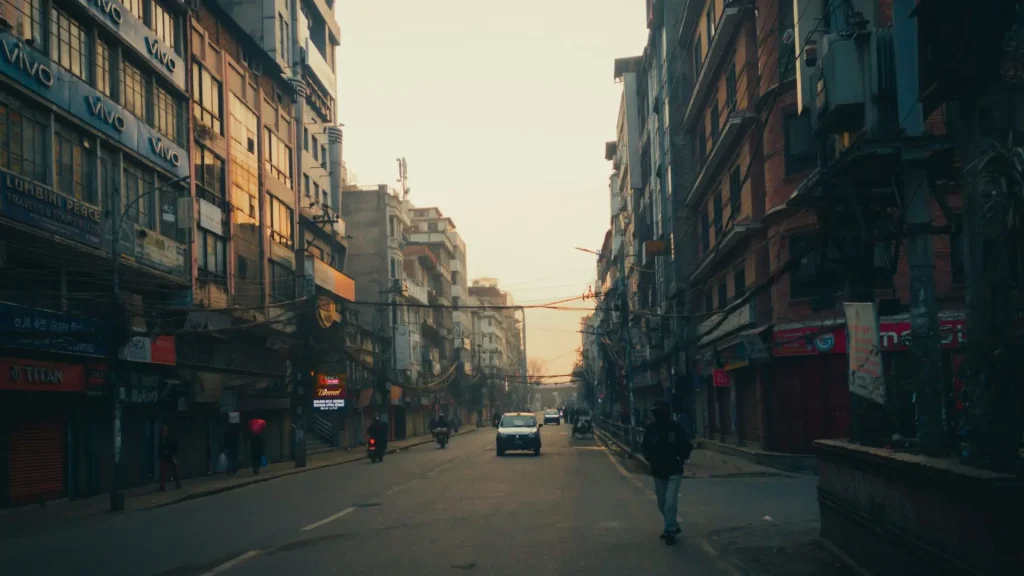Pedestrians walking along a lively traditional street in Kathmandu Valley Nepal