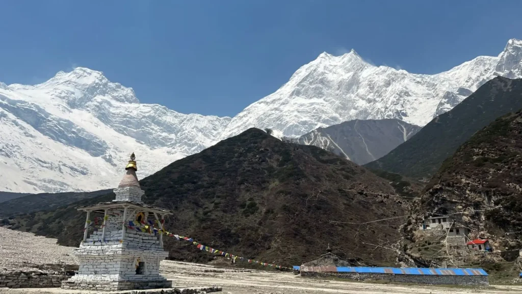 Traditional shrine beneath Mount Manaslu in Nepal Himalayas