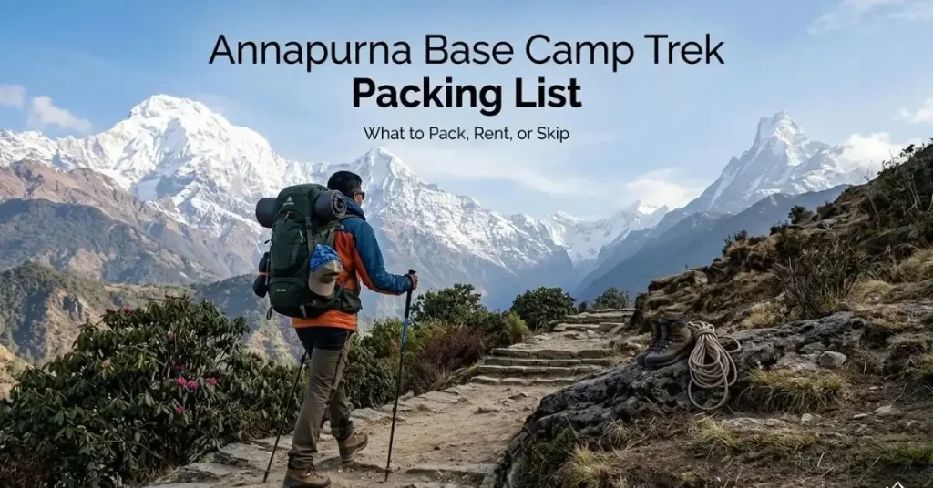 Annapurna Base Camp Trek packing list with a trekker and essential trekking gear in the Himalayas