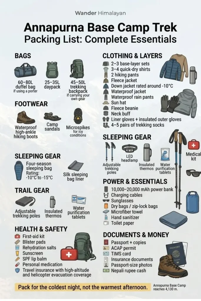 Annapurna Base Camp Trek packing list infographic showing essential bags, clothing, footwear, sleeping gear, trail equipment, health items and documents