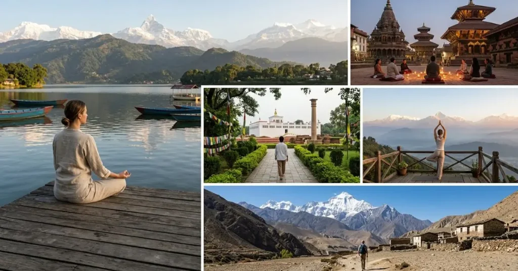 Top wellness tourism destinations in Nepal including Pokhara, Lumbini, and Mustang