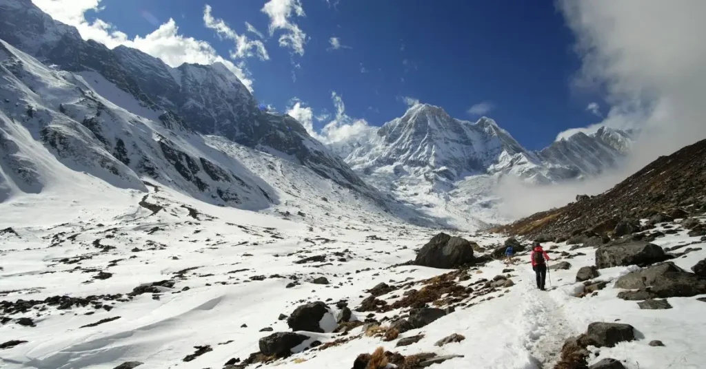 Winter trekking near Annapurna Base Camp in snowy Nepal Himalayas
